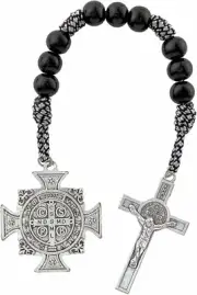 Saint Benedict of Nursia black wood bead niner with silver-plated Benedictine
