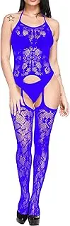 [Zylphorix] Women Fishnet Stockings Bodysuits Full Body Bodysuit V Neck Lingerie Mesh Babydoll Lace Floral Nightwear