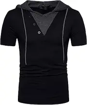 [VgueElegc] Casual Skinny Button Collar Pullover Fake Two Piece Hooded Shirt Short Sleeve T Shirts for Men