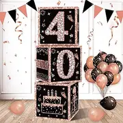 Eiurteao 3pcs 40th Birthday Decorations Boxes for Women, Rose Gold Happy 40 Birthday Balloons Boxes Party Supplies, Forty Bday Theme Cardboard Box Decor, 12.4x12.2x1.0