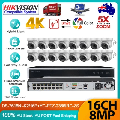 Hikvision 12MP 16CH 4K 8MP ColorVu 5X POE PTZ Camera 2-Way Audio CCTV System Kit