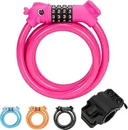Monotre Bike Lock, 3.9 Feet 4-Digit Resettable Combination Password Anti-Theft Cable Lock, Cute Coiled Bike Lock with Mounting Bracket, Suitable for Bicycles, Electric Scooters, Ebikes (Pink-10mm)
