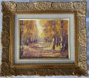 Oil on canvas original painting-Path among birch trees-ornate gold frame