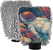 XYMZR Garden Astronaut Floral Absorbent Microfiber Car Wash Mitt, Funny Cute Anime Scratch Free for Cars Cleaning, Home Cleaning Mitts, 2 Pack, 10.24” L x 7.09” W