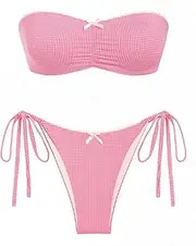 [seamoly] Gingham Ruched Lace Trim Bowknot Decor Bandeau Tie Side Bikini Set