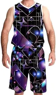 [KQNZT] Basketball Jersey with Shorts, Jersey Shorts Outfit Set, Athletic Shirts for Team Scrimmage, Modern Geometric Pattern Purple Black