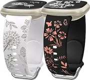 [Wearlizer] 2 Pack Floral Engraved Strap Compatible With Fitbit Versa 3/4, Sense 2 - Cute Two-Tone Flower Soft Silicone Sport Band for Women