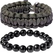 [Xfoxstal] 2Pcs Adjustable Handmade Survival Paracord Bracelets Set Lava Stone Stretch Beaded Bracelets for Women Men Outdoor Hiking Camping Unisex, Medium, Stone, obsidian