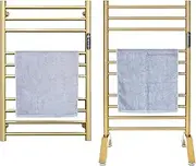Heated Towel Rack, Electric Heated Towel Warmer Freestanding & Wall Mounted Radiator 304 Stainless Steel Clothes Drying Rack 10 Bars Bath Towel Heater with Built-in Timer,Plug-in,Gold