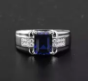 2.2Ct Emerald Lab Created Blue Sapphire Men's Wedding Ring 14K White Gold Plated
