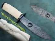 13" Custom Hand Made Damascus Steel Knife With Hand Carved Handle , Bowie Knife