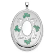 Sterling Silver Rh-Plated Satin Enamel Shamrock Border 26X20mm Oval Locket