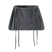 Low Waist Plain Pleated Drawstring Mini A-Line Skirt Gray - S