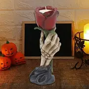 Halloween Atmosphere Gift Resin Candle Holder with Finger Rose and Skull Decor, Spooky Home Decoration Prop Figurine