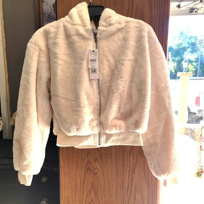 Topshop faux fur cream colored jacket hood NEW full zip XS Banded Waist cuff