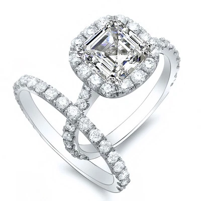 1.86 Ct. Asscher Cut Round Pave Halo Diamond 14K Gold Bridal Ring Set GIA D,VS2