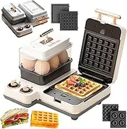 6 in 1 Breakfast Maker, 1200W Egg Boiler Electric with Removable Sandwich & Waffle Plate, 1.2l Boiling Pan, Double Knob Control, Non-Stick Multifunctional Waffle Makers & Irons, Egg B