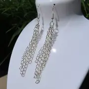 CHAIN TASSEL Dangle Earrings Silver Tone Artisan 3.5" Punk Gift For Her