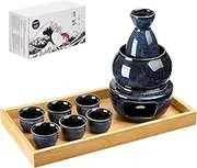 DUJUST 11 pcs Japanese Sake Set for 6, Kiln Altered Glaze Porcelain Sake Set, 6 Cups, 1 Bottle, 1 Warmer, 1 Candle Stove, 1 Tray & 1 Box, Warm Carafe, Special Japanese Gift Set-Darkbule
