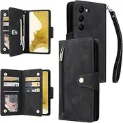 YocoverTech for Samsung S23 Plus 5G Case,for Galaxy S23 Plus 5G Wallet Case[6 Card Slots and 1 Zipper Coin Pocket] PU Leather Stand Flip Cover with Wrist Strap[6.6 inch]-Black