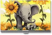 [LKHDS] Slim Aluminum Alloy Business Card Holder Mother And Baby Elephant Sunflowers Pocket Business Card Case Portable Business Card Wallet Business Card Holders Handheld Card Box for Women Men, style