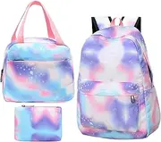[Vibhgtf] Rainbow Backpack - School Bag Set for Girls | 3 in 1 Kids Backpack, Colorful Lightweight Backpack, Batik School Bag with Lunch Bag and Wallet