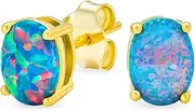 [Bling Jewelry] Simple Classic White Fire Orange Black Blue Opulence Gemstone Created Opal Oval Stud Earrings 14K Yellow Gold Plated .925 Sterling Silver 7MM October Birthstone