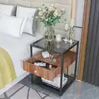 Large Storage Nightstand File Cabinet Premium Glass＆Wood Accent End Side Table