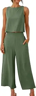 [HanzhuoLG] Women's Fallow TwoPiece Outfits Casual Summer Outfits Linen Crop Tank Top and Trousers 2Piece Sleeveless Leisure Suit with Pockets Trouser Suit Long Lightweight Fasion 09 Army Green Large