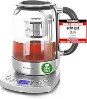 Emerio WK-122248 Glass Tea Maker Kettle Test Winner with Note 1.3 Fully Automatic Tea Strainer Soft Close Borosilicate Glass BPA Free 1.7 L Volume Temperature Selection 2200 Watt Black/Silver