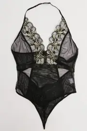Black Embroidery Mesh Bodysuit Lingerie
