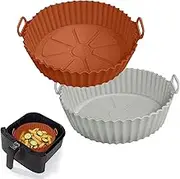 Air Fryer Liners, 2-Pack Reusable Air Fryer Basket Silicone Bowl Round Baking Tray Oven Accessories (Grey +Brown)