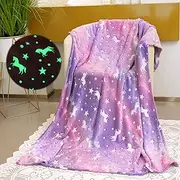 Unicorn Blanket for Girls, Glow in The Dark Blankets for Kids Rainbow Throw Blanket Soft Fleece Luminous Toddler Blanket Birthday Gifts for Age 2 3 4 5 6 7 8 9 10 11 12 Year Old, 50" x 60", Purple