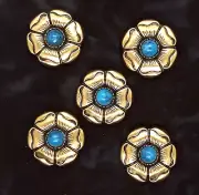 Cactus Flower w. Synthetic Turquoise Center Concho/Conchos 1" Five Count Bronze