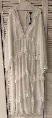 BOOHOO SZ 22 Chiffon Plunge Tiered Maxi Dress Lg Sleeve Ruffle White Side Slit