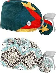 [WOSHJIUK] Working Hat 2 Pack Scrub Caps for Women,Retro Port Flag,Tie Back Cap Adjustable Scrub Hat