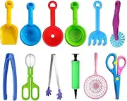 Calefow 12 Pcs Sensory Bin Filler,Sensory Bin Tools, Fine Motor Skills Handy Scooper Set with 5 Scoops, Plastic Tweezers, Silicone Tongs, Beach Shovels, Air Pump, Scissors Clip