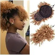 12Inch Synthetic Hair Bun Ponytail Drawstring with Bangs Short Kinky Curly Pony Tail Clip in Hair Extensions for Women Hair Scrunchies for Women(Light Honey Blonde)