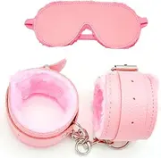 BDSM Kit Bondage Set Restraints Erotic Sex Toy Extreme Sex Toy with Leather Cuff Plush Handcuffs and Leather Blindfold Eye Mask for Couples Ladies Sex Play Toy Women's Sexy Wrist Cuffs (Pink)