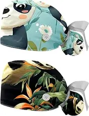 [YTYVAGT] 2-Pc,Nurse Scrub Caps,Scrub Hats with Buttons and Cotton Sweatband,Animal Panda Bear Plant Flower Pattern