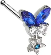 [Pierced Owl] 20GA 316L Stainless Steel Blue CZ Crystal Butterfly with Dangling Flower Nose Bone Stud, 20GA, Metal, cubic zirconia