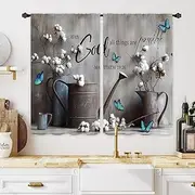 Miyotaa Rustic Farmhouse Country Kitchen Window Curtains 2 Panels 27.5W x 39H Rod Pocket Bible Quotes Cotton Flower Vintage Short Small Door Decor Bathroom Drapery Treatment
