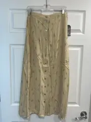 NWT Woolrich SZ Large Maxi Button Front Skirt Cream Yellow w/Green Leaf Pattern