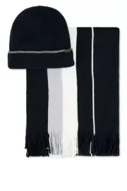New Mens Kenneth Cole Reaction Navy Blue Knit Beanie and Striped Scarf 2 pc Set