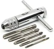 QISF Adjustable Silver T-Handle Ratchet Tap Holder Wrench with 5pcs M3-M8 3mm-8mm Machine Screw Thread Metric Plug T-shaped Tap