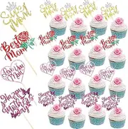 Spakon 60 Pcs Happy Mothers Day Cupcake Toppers Glitter Cake Toppers Cupcake Stickers Love You Mom Heart Mother Happy Birthday Party Supplies Icing Decorations (Classic Style,Multicolor)