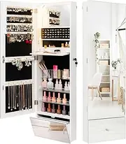 Giantex 120cm LED Jewelry Mirror Cabinet, Wall Mounted Jewelry Armoire Organizer with Full-Length Frameless Mirror, Built-in Makeup Mirror and Foldable Shelf, 4 Shelves and Lock with Keys, White