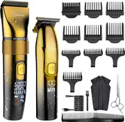 Hatteker Mens Professional Hair Clippers and T-Blade Trimmer Kit Cordless Beard Barber Clipper Hair Cutting Kit Haircut Grooming Kit IPX7 Waterproof (Gold)