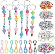 arricraft 630 Pcs Beaded Keychain Making Kit, Including Heart & Letter Acrylic Seed Beads Iron Split Key Rings and Waxed Polyester Cord for DIY Making Keyring Decor