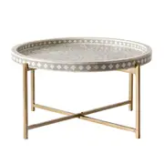 Bone Inlay Round Coffee Table Grey with Gold Frame 75cm